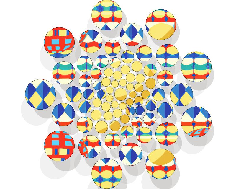 “Geometrical isometric pattern in yellow, red and blue, <br>moresque style with dashed stripes and spheres”